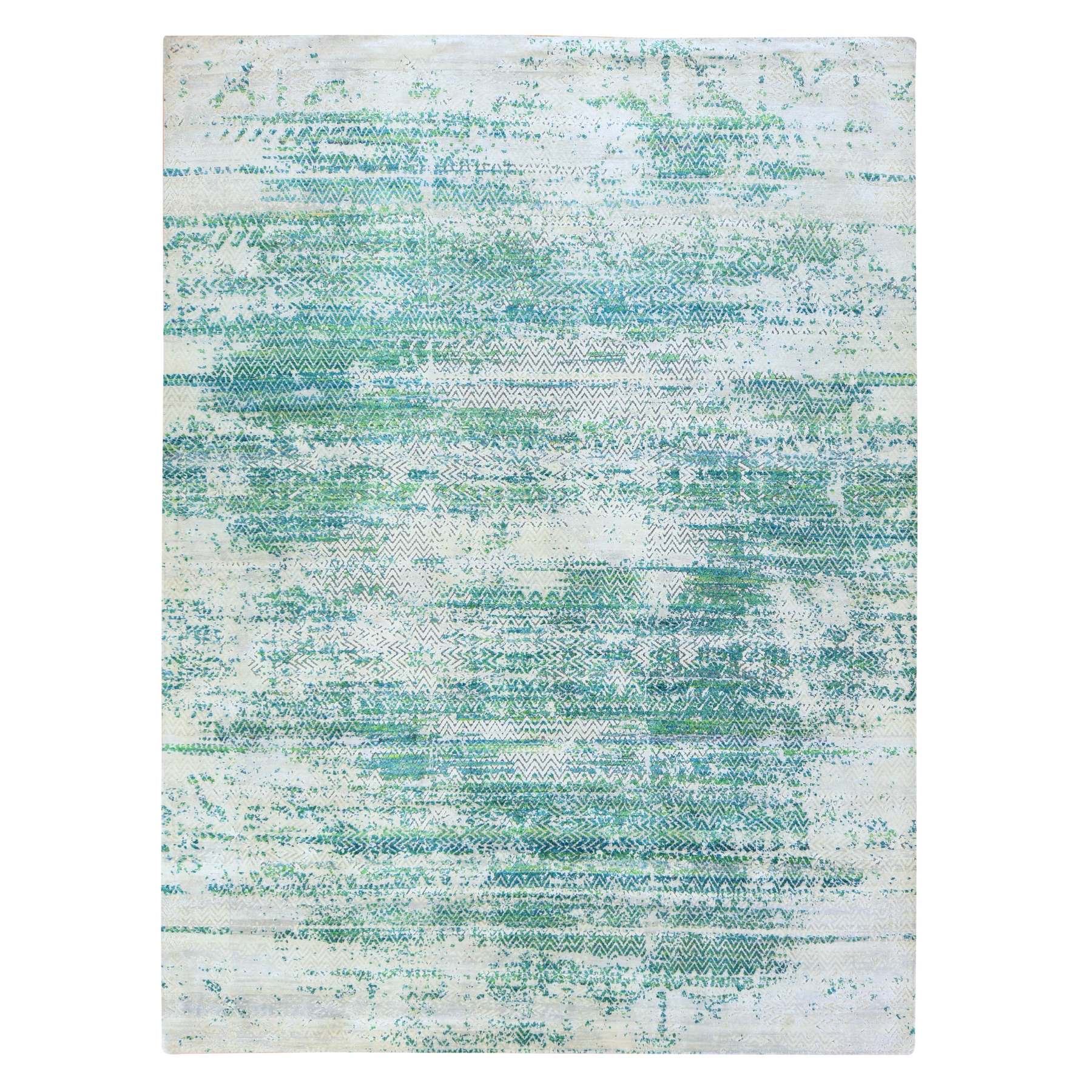 Slushy Green, Erased Chevron Design, Hand Knotted, Sari Silk with Textured Wool, Oriental Rug